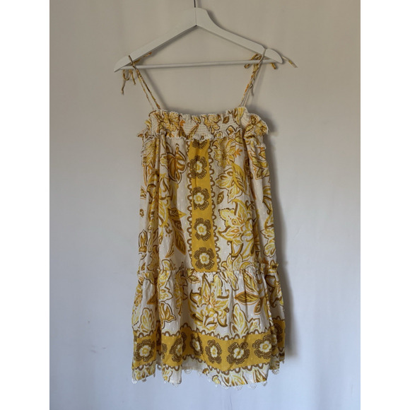 Caroline Costas Dress Large Yellow Floral Smoked Boho New Straps Aline - Picture 7 of 14